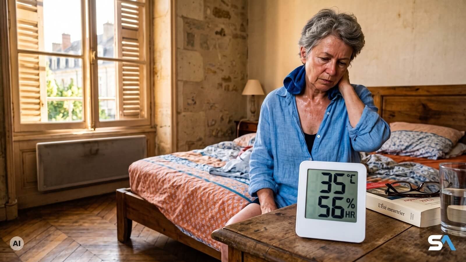 Une femme senior rafraîchit sa nuque près d'un thermomètre de chambre - Illustration générée par IA