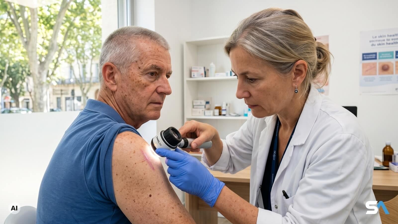 Une dermatologue examine au dermatoscope la cicatrice d'un mélanome opéré - Illustration générée par IA