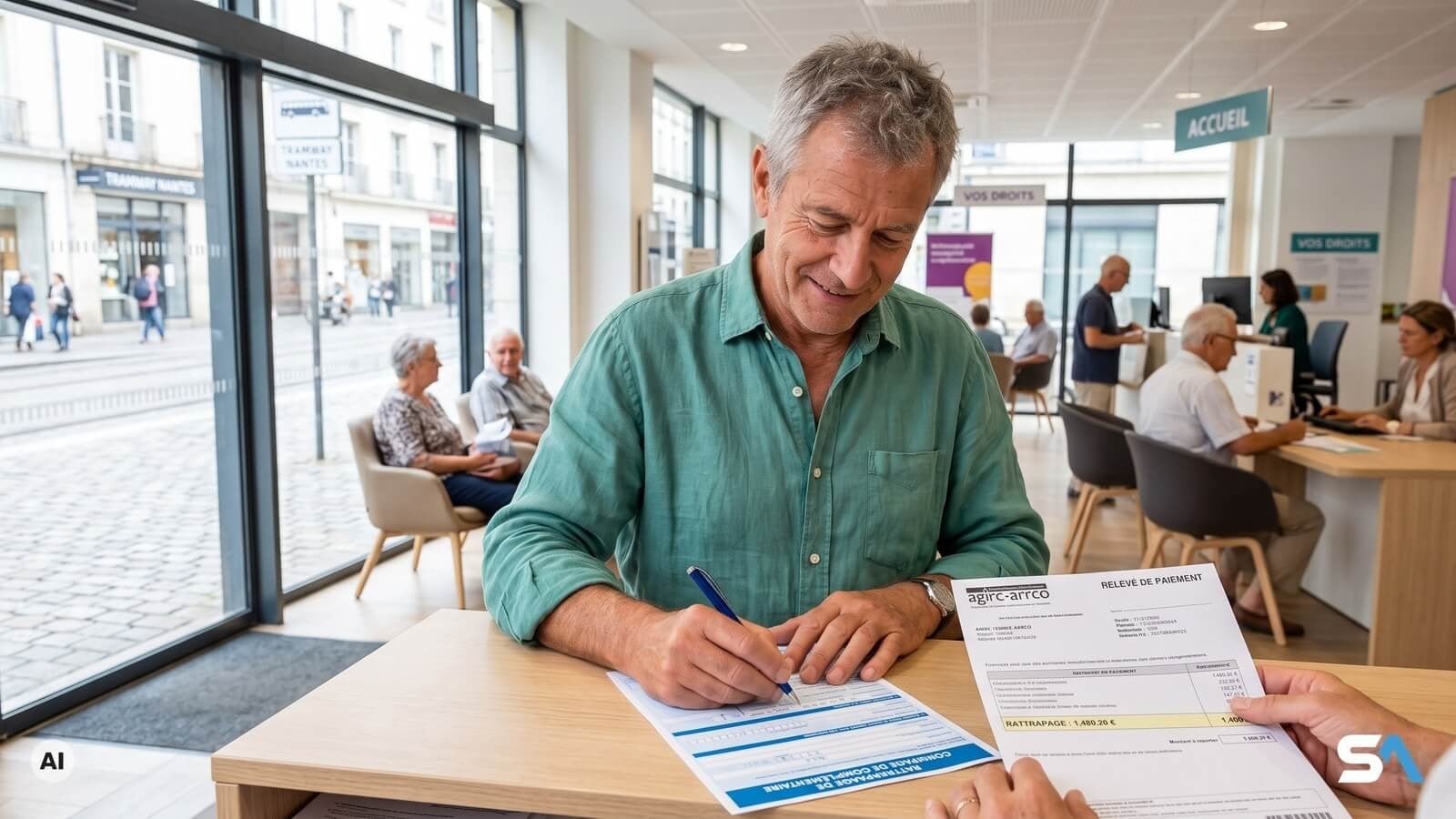Un retraité recopie au guichet le montant de son rappel de pension - Illustration générée par IA