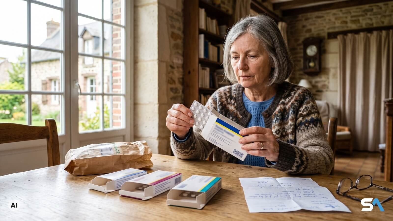 Une retraitée sort les plaquettes de comprimés de sa boîte de médicaments - Illustration générée par IA