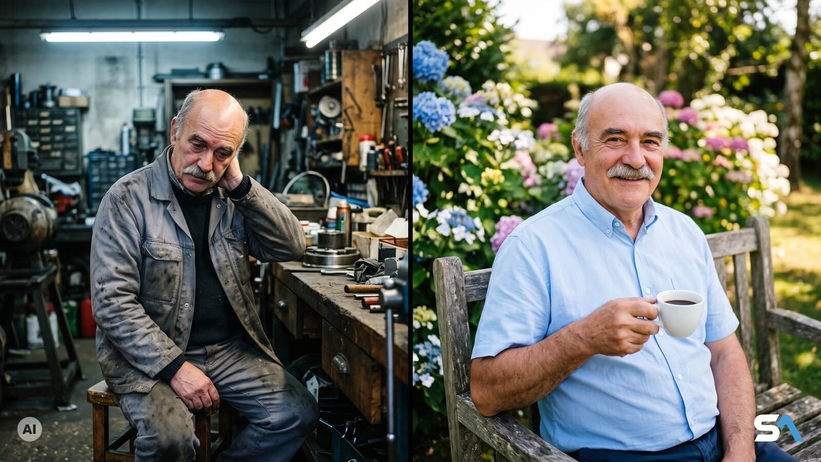 Un homme montré deux fois côte à côte, en tenue de travail à gauche et au jardin à droite - Illustration générée par IA