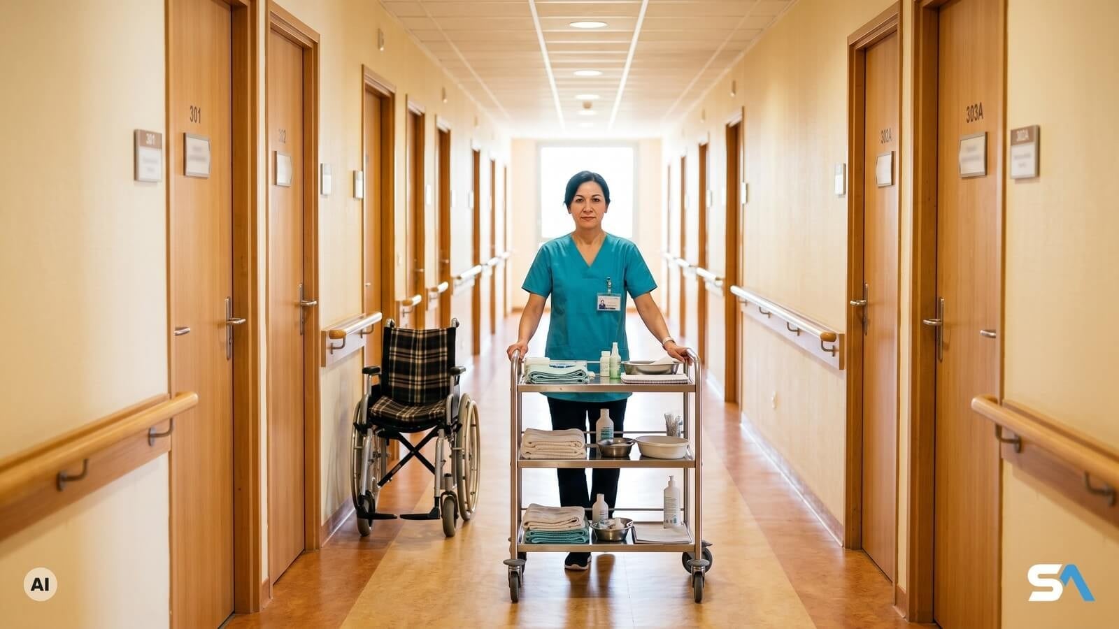 Une aide-soignante pousse seule un chariot de soins dans un couloir d'Ehpad - Illustration générée par IA