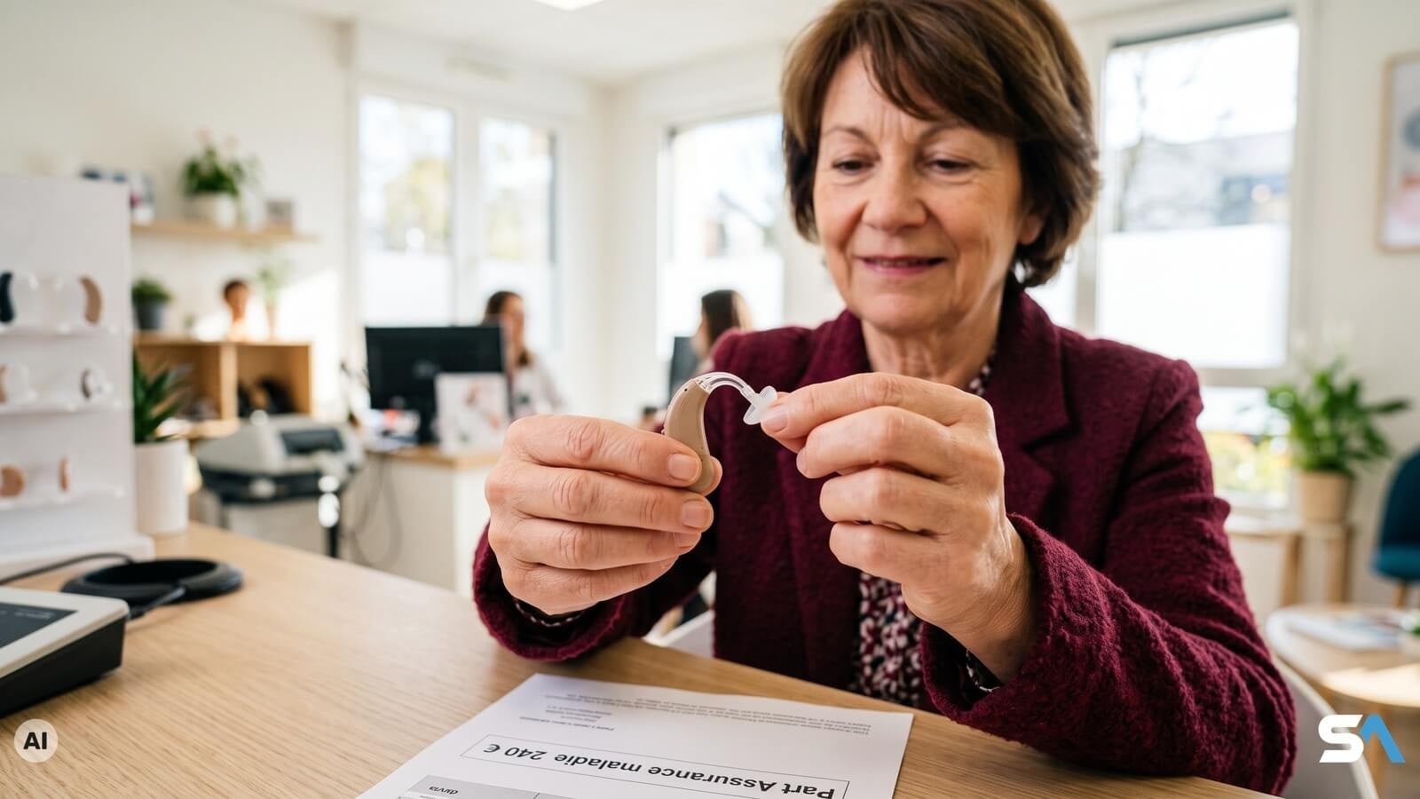 Une femme clipse l'embout de son aide auditive dans un cabinet d'audioprothésiste - Illustration générée par IA