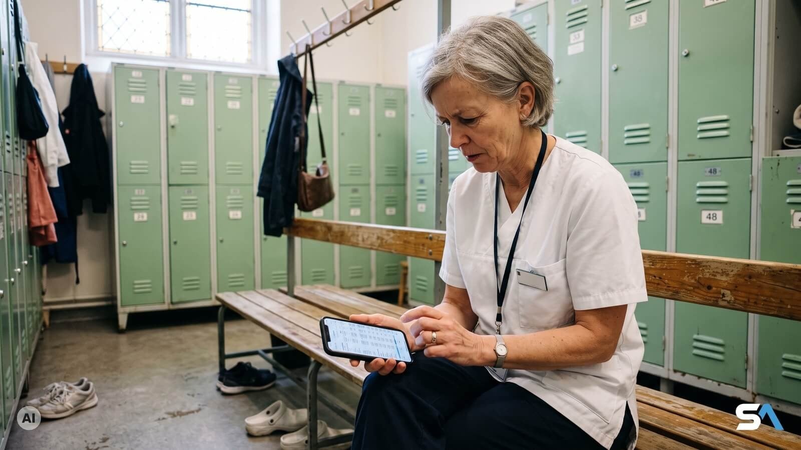 Une aide-soignante de 57 ans consulte son estimation de retraite dans un vestiaire - Illustration générée par IA