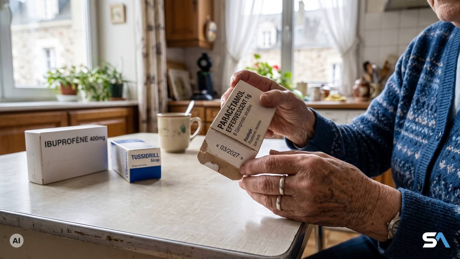 Une retraitée retourne une boîte de paracétamol pour lire la date - Illustration générée par IA
