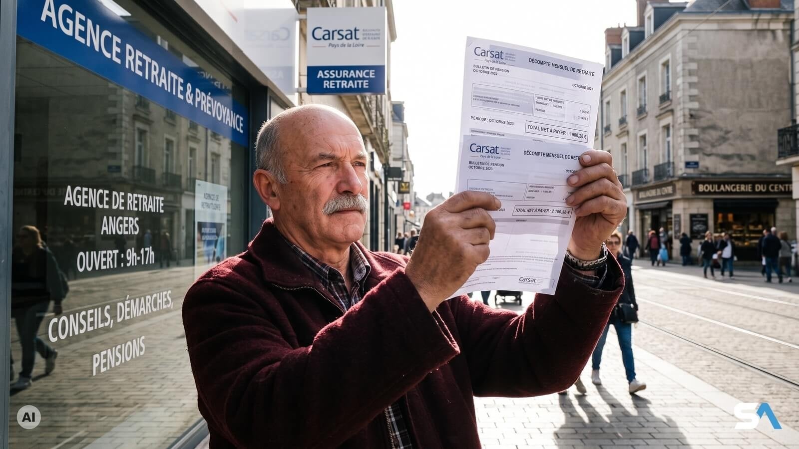 Un retraité superpose deux relevés de pension à la lumière devant une agence de retraite - Illustration générée par IA