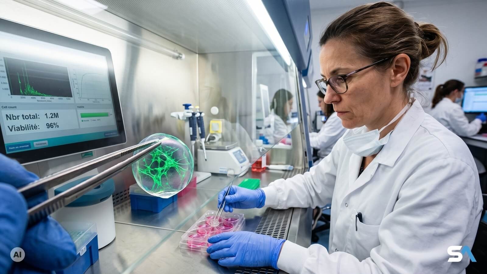 Une chercheuse dépose un disque de collagène translucide dans une boîte de culture - Illustration générée par IA