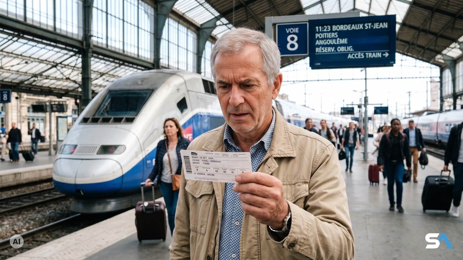 Un homme de 65 ans tient son billet de train sur un quai de la gare Montparnasse devant un TGV - Illustration générée par IA