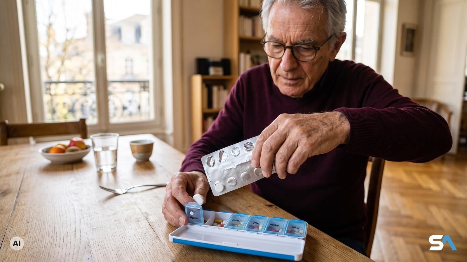 Un homme pousse un comprimé hors de sa plaquette au-dessus de son pilulier - Illustration générée par IA