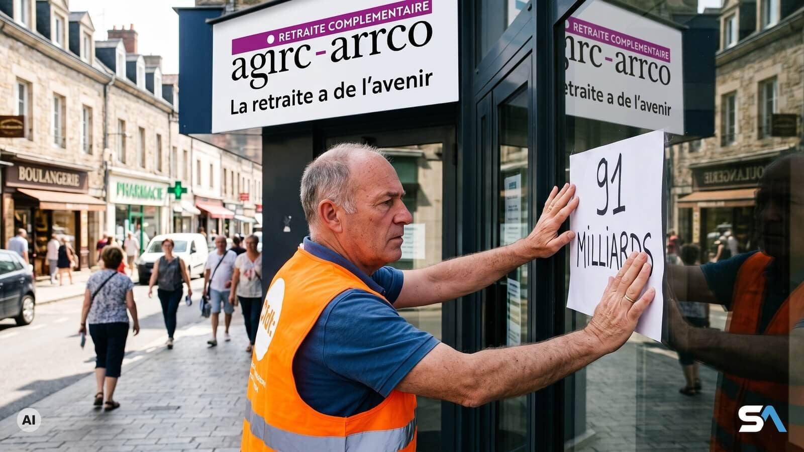 Un délégué CFDT plaque une pancarte chiffrée contre la vitrine d'un centre Agirc-Arrco - Illustration générée par IA