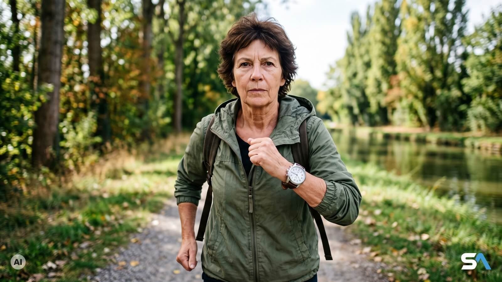 Une femme senior marche d'un bon pas, montre bien visible au poignet - Illustration générée par IA