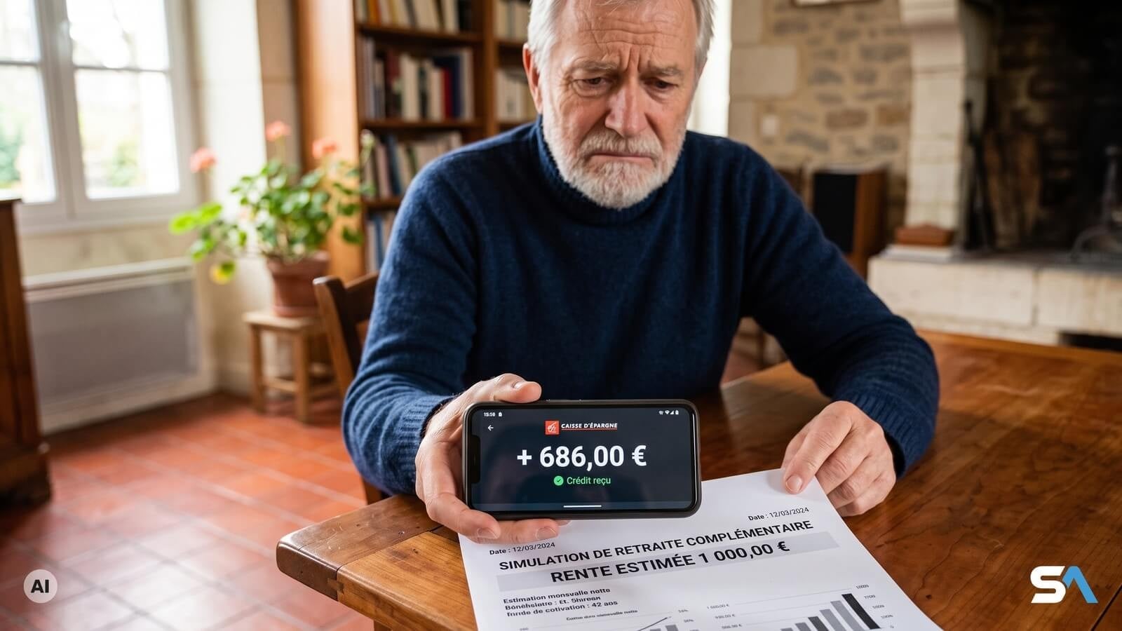 Le téléphone d'un senior affiche le virement reçu proposé par la simulation de la banque - Illustration générée par IA