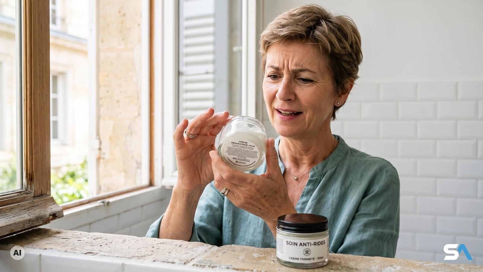Une femme lit l'étiquette au dos d'un pot de crème anti-rides - Illustration générée par IA