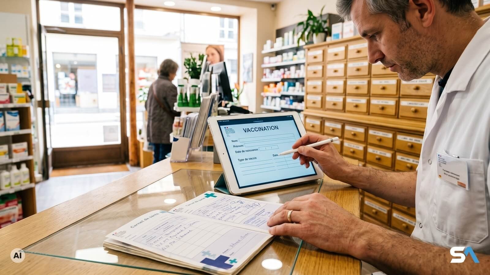 Un pharmacien inscrit un vaccin sur une tablette à côté d'un carnet de santé ouvert - Illustration générée par IA