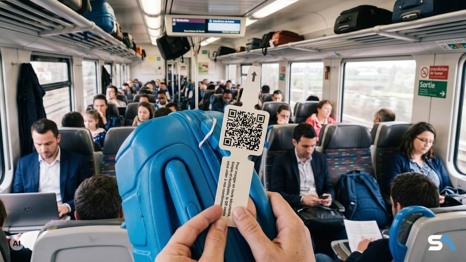 Un gros plan sur une étiquette à QR code accrochée à une valise rangée dans un rack - Illustration générée par IA