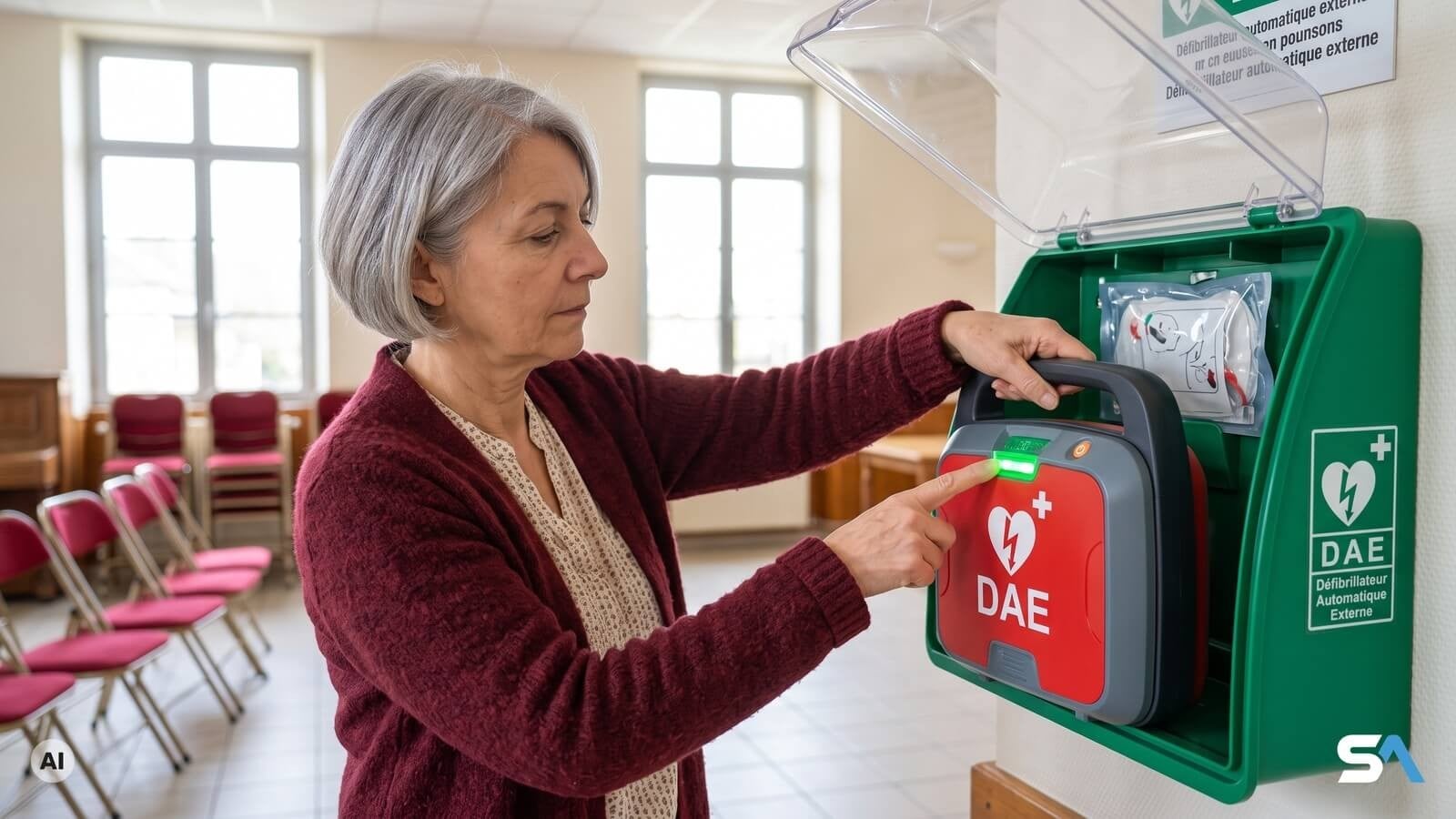 Une femme décroche un défibrillateur de son boîtier mural dans le hall d'une salle communale - Illustration générée par IA