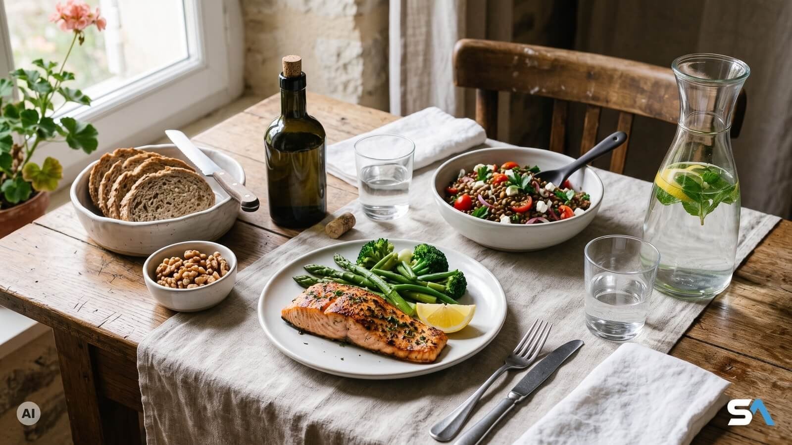 Une table en bois dressée avec un pavé de saumon, des légumes verts et une salade de lentilles - Illustration générée par IA