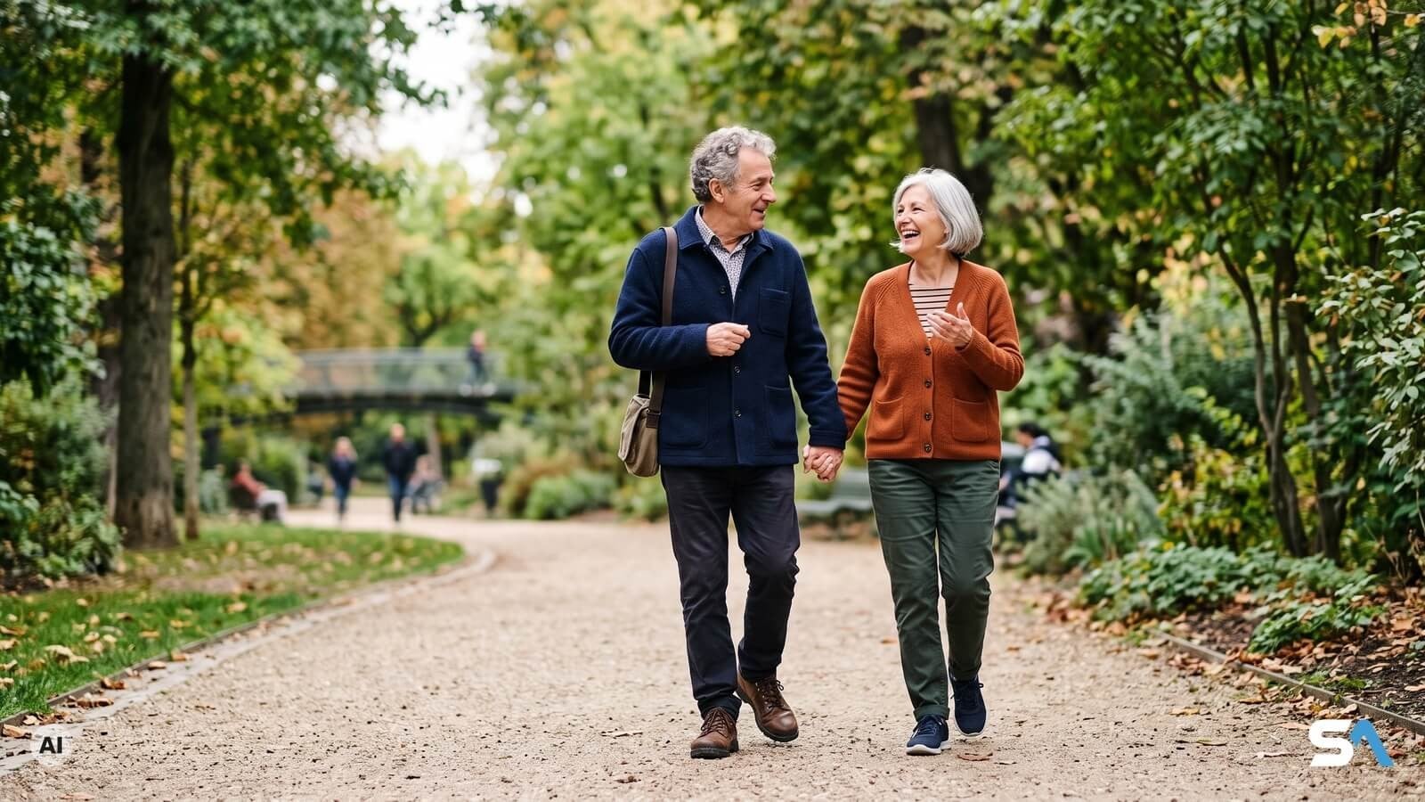 Un couple de seniors marche main dans la main dans une allée de parc en automne - Illustration générée par IA