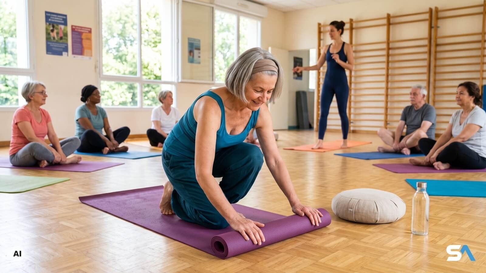 Une senior déroule son tapis avant un cours de yoga collectif en salle - Illustration générée par IA