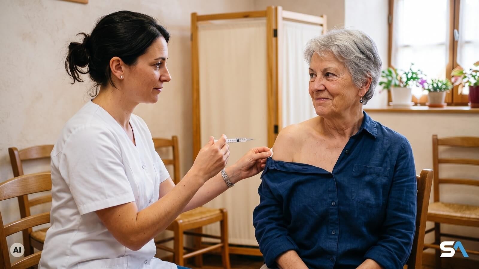 Une pharmacienne vaccine une senior assise dans l'espace de confidentialité - Illustration générée par IA