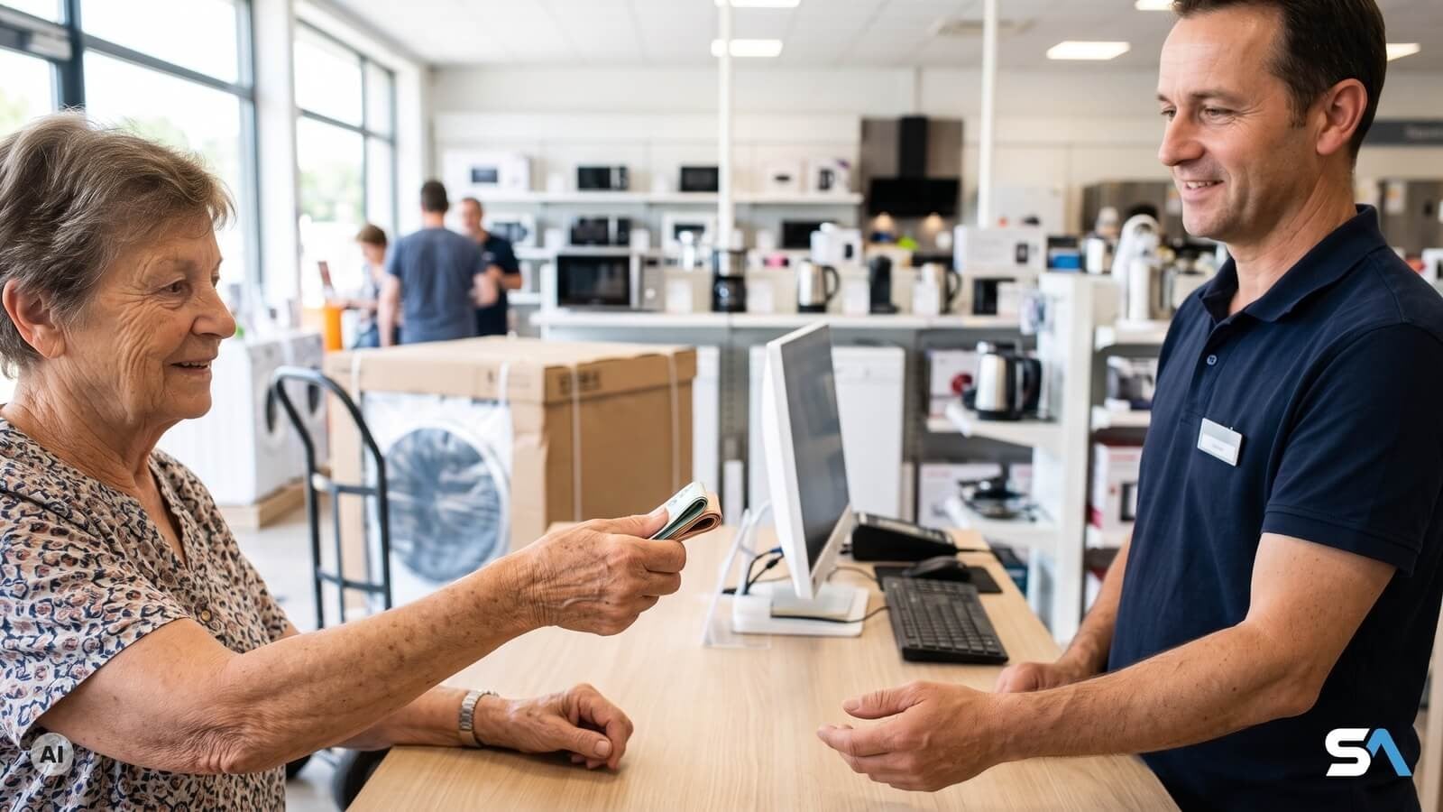 Une senior tend des billets au comptoir d'un magasin d'électroménager - Illustration générée par IA