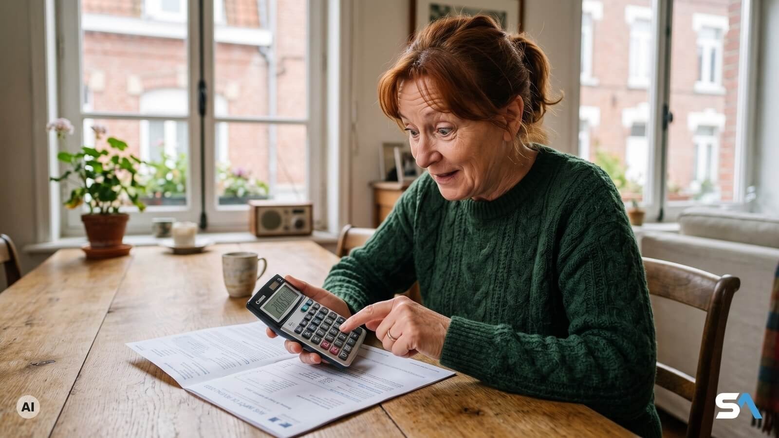 Une retraitée fait ses comptes avec une calculatrice - Illustration générée par IA