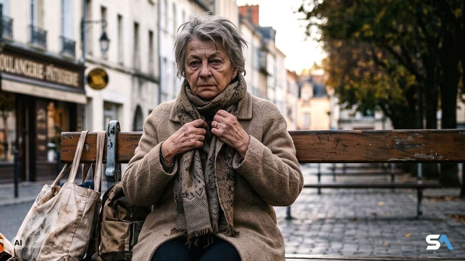 Une femme âgée sans domicile assise sur un banc avec ses sacs - Illustration générée par IA