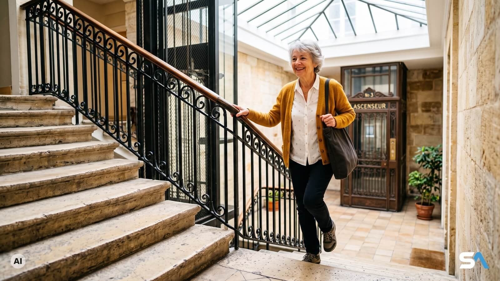 Une retraitée monte l'escalier d'un immeuble à côté de l'ascenseur - Illustration générée par IA