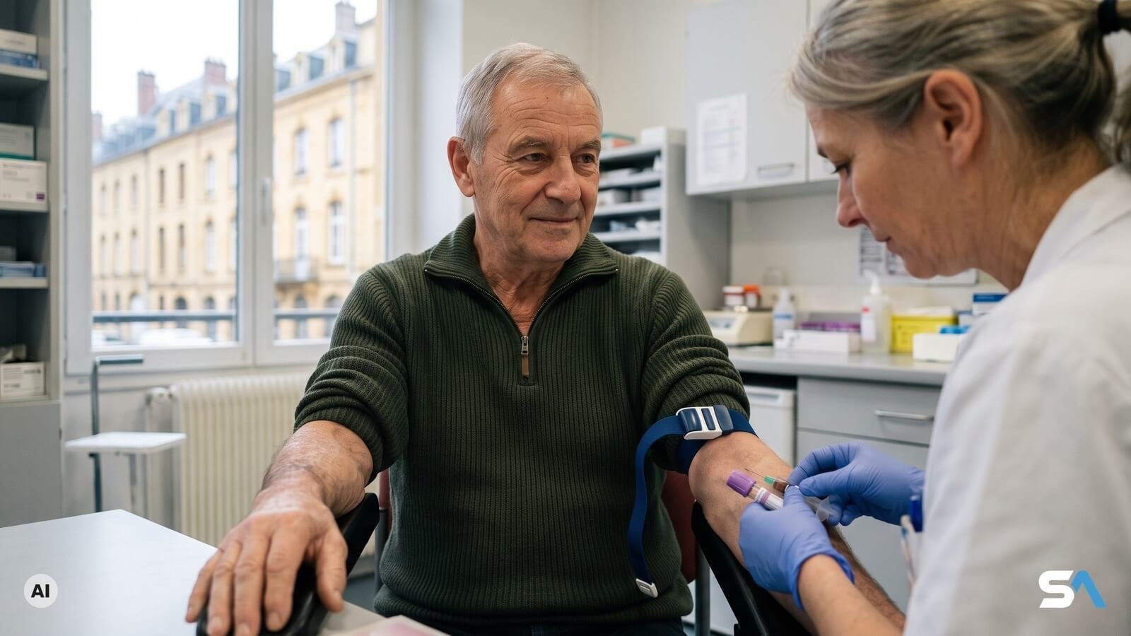 Un homme se fait prélever du sang dans un laboratoire - Illustration générée par IA