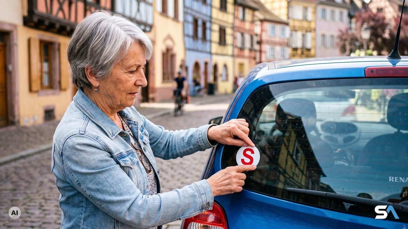 Une conductrice colle un macaron S sur sa voiture - Illustration générée par IA