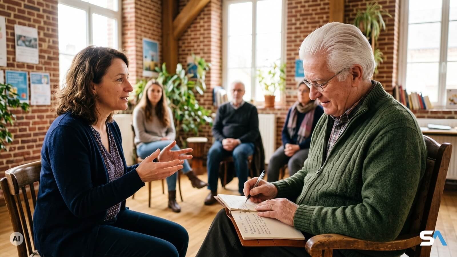 Un aidant prend des notes pendant une formation Alzheimer - Illustration générée par IA