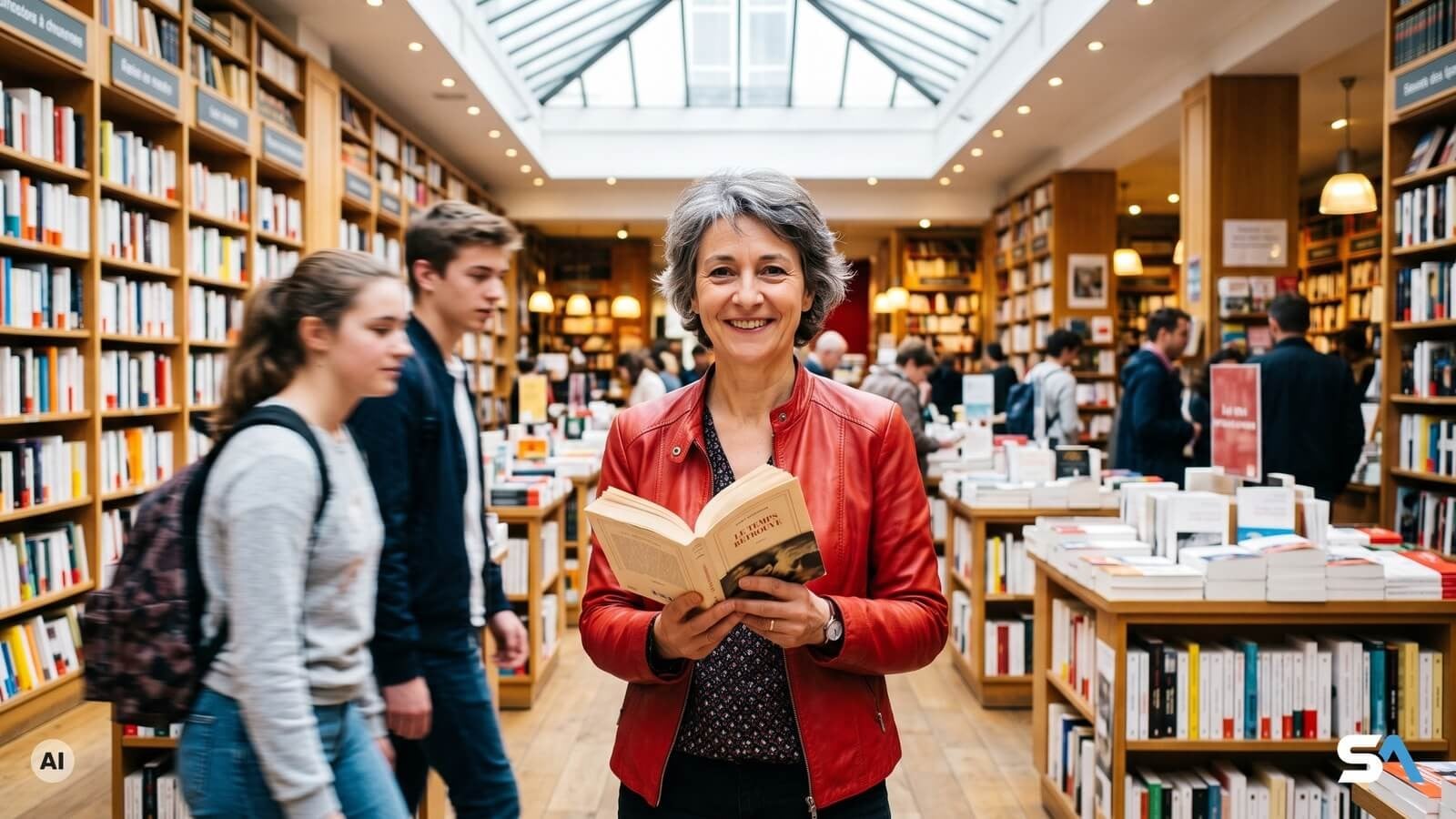 Une femme de 56 ans dans une librairie - Illustration générée par IA