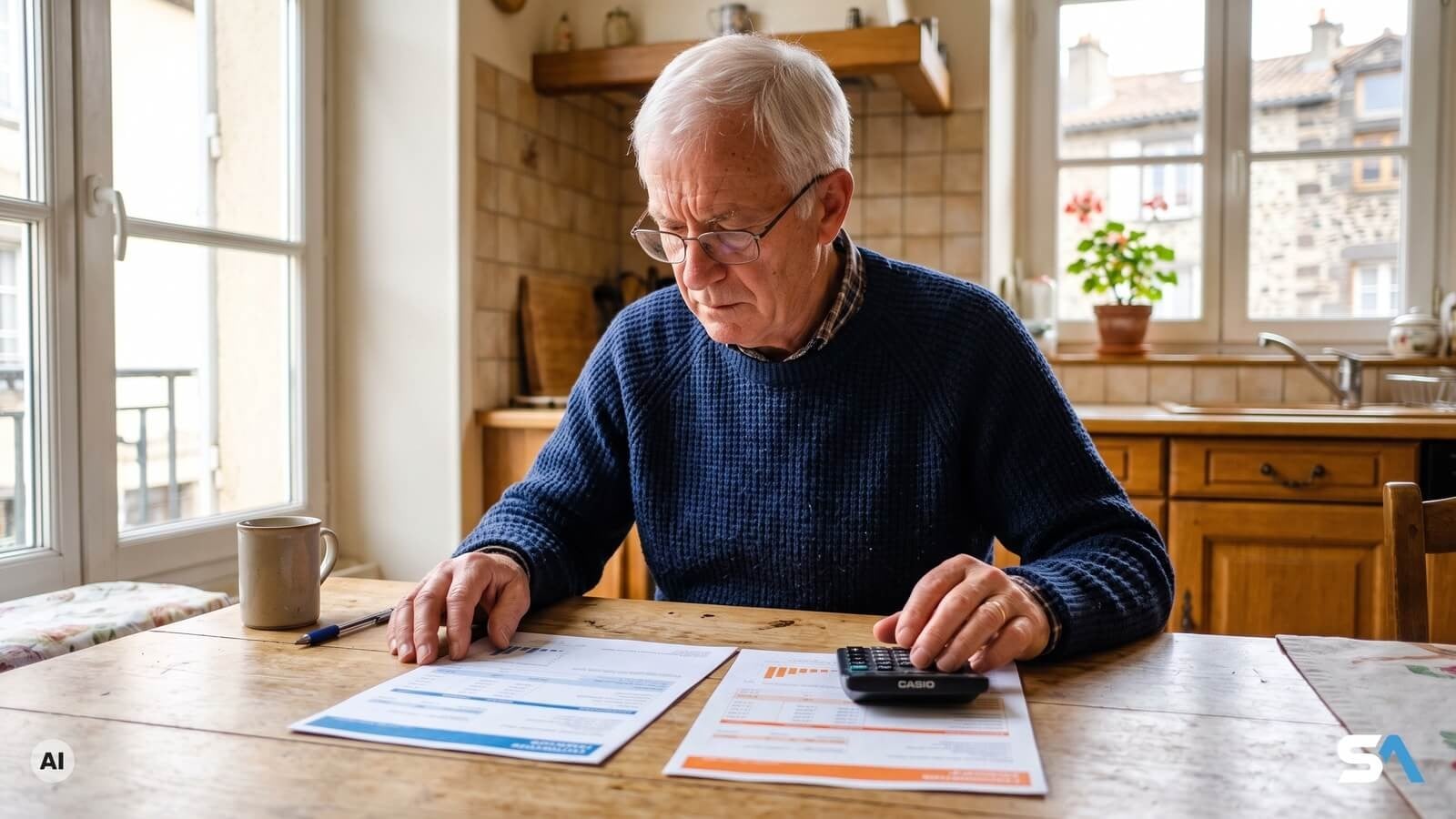 Un retraité additionne ses deux relevés de pension - Illustration générée par IA