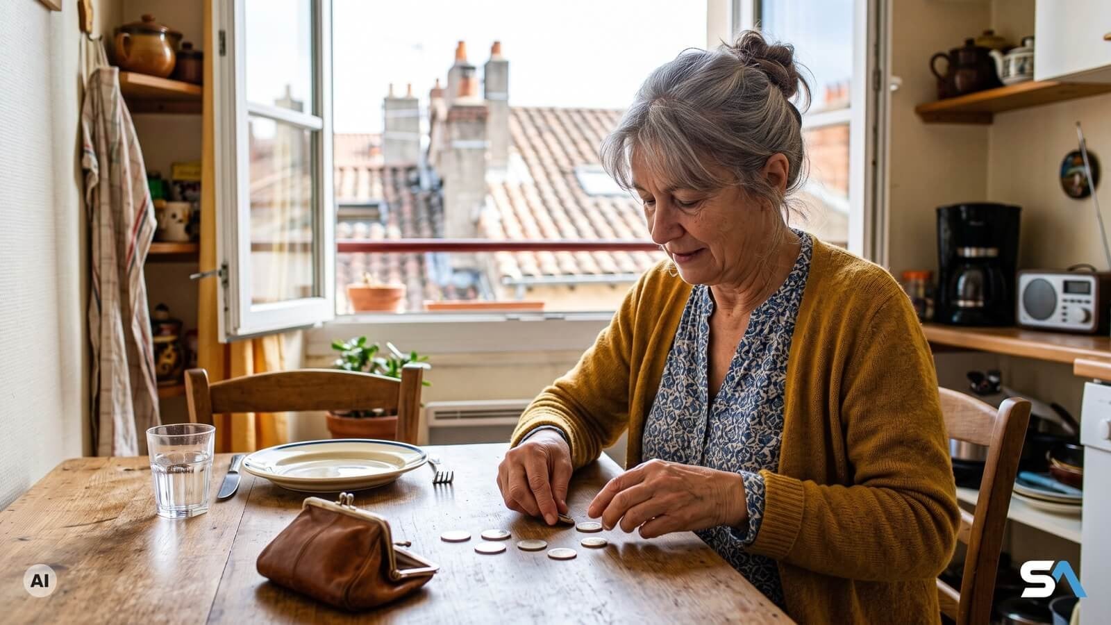 Une retraitée compte ses pièces à une table dressée pour une personne - Illustration générée par IA