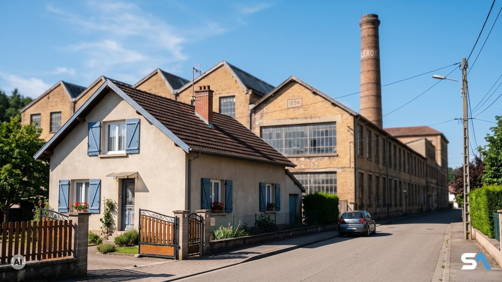Une maison modeste devant une grande usine familiale - Illustration générée par IA
