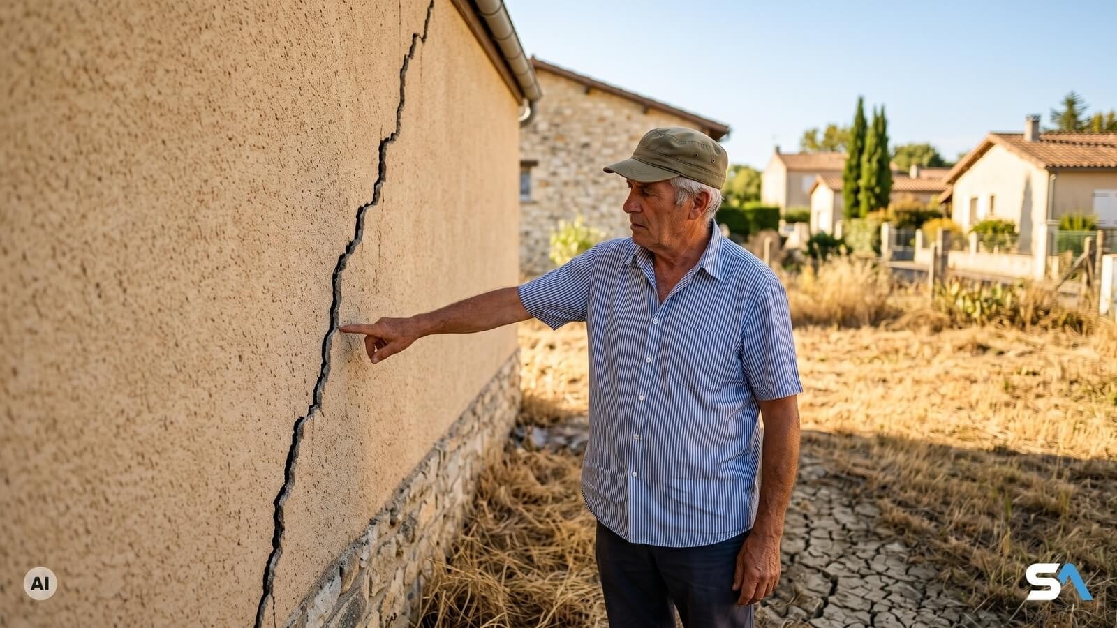 Un retraité suit du doigt une lézarde sur le mur de son pavillon - Illustration générée par IA