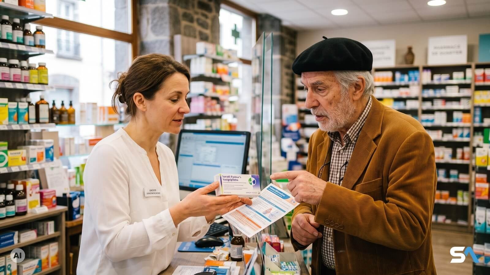 Une pharmacienne présente un vaccin anti-grippal à un retraité - Illustration générée par IA