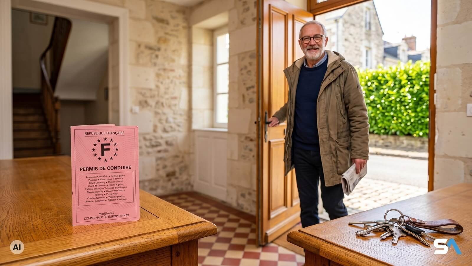 Un retraité sort à pied en laissant son permis de conduire dans l'entrée - Illustration générée par IA