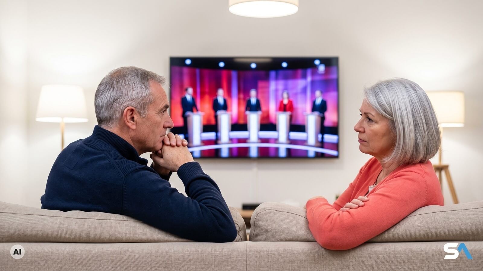 Un couple regarde le premier débat de la primaire socialiste dans son salon - Illustration générée par IA