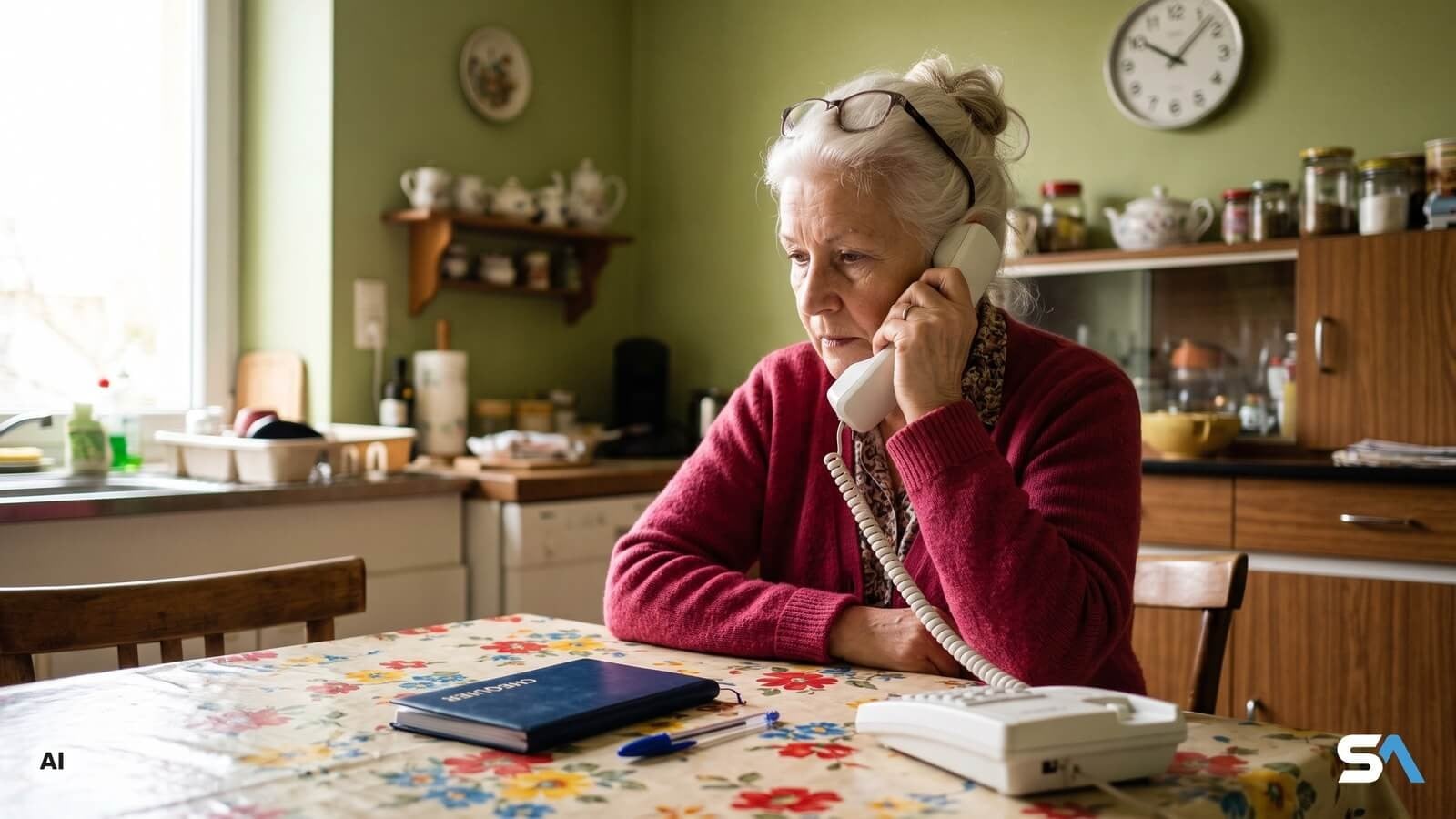 Une retraitée téléphone à côté de son chéquier dans sa cuisine - Illustration générée par IA