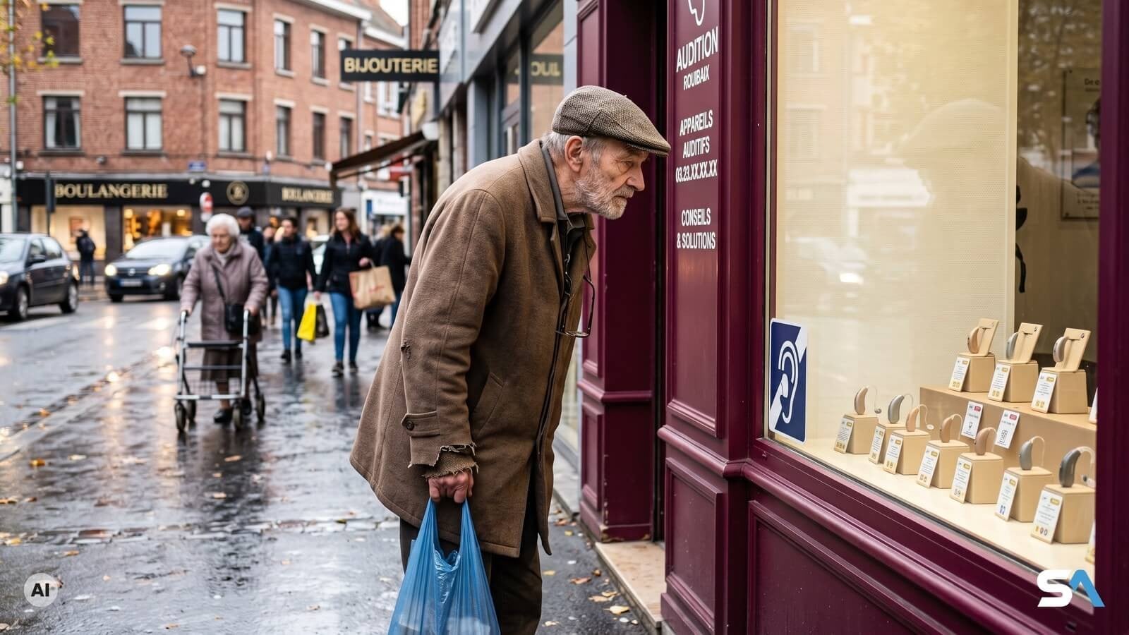 Un retraité modeste regarde la vitrine d'un audioprothésiste - Illustration générée par IA