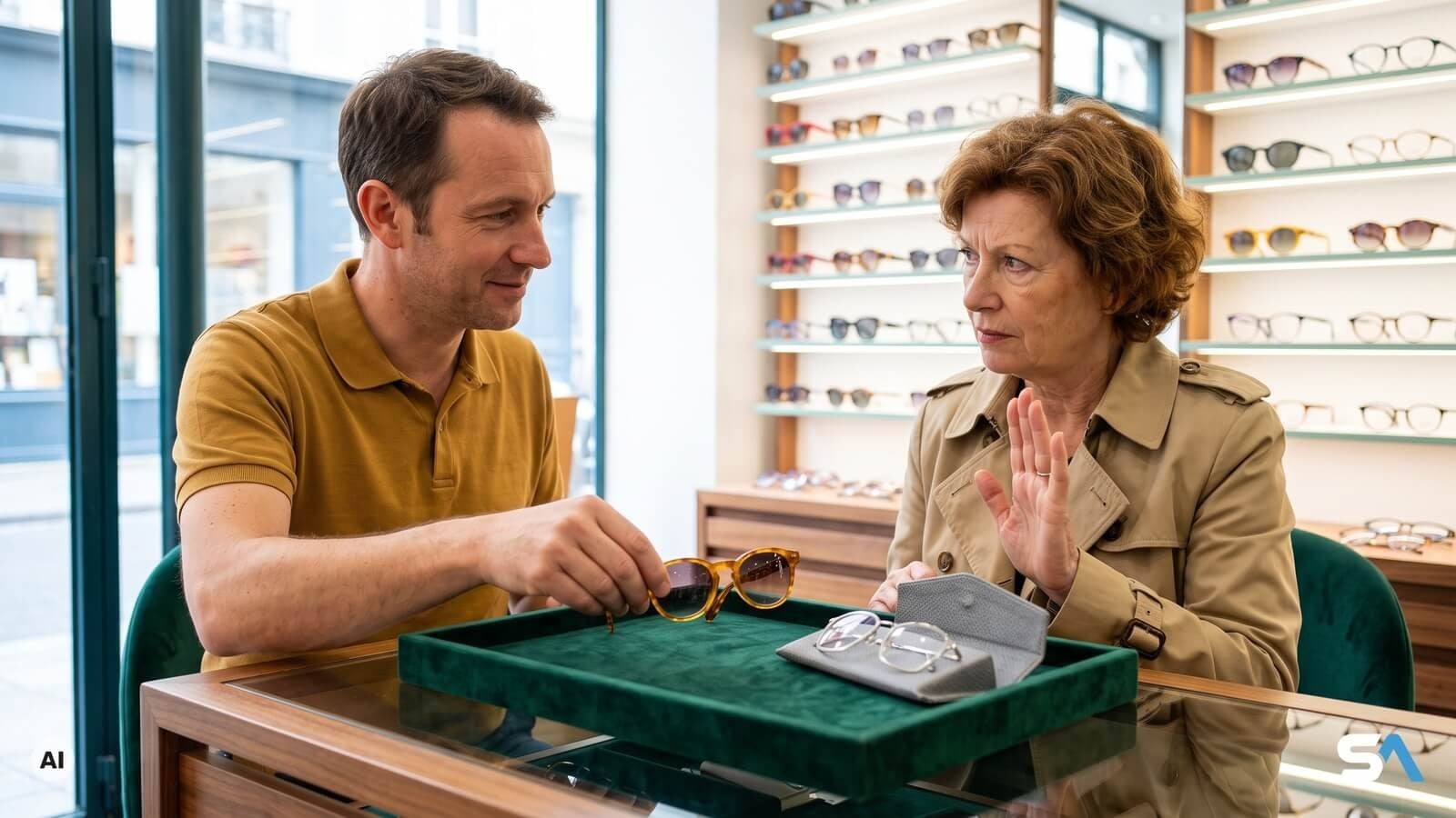 Un opticien propose des lunettes de soleil à une cliente méfiante - Illustration générée par IA