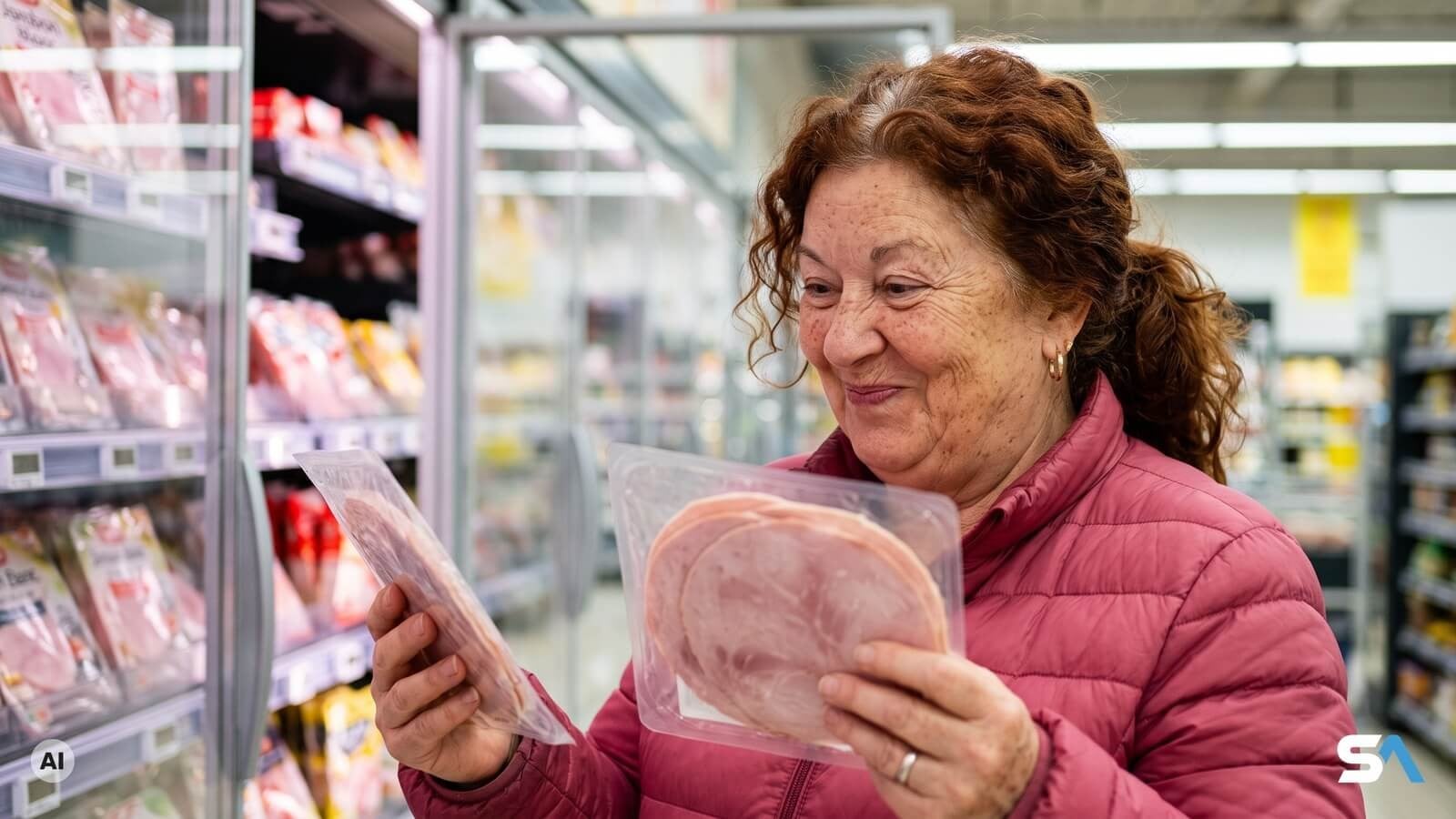 Une retraitée compare deux barquettes de jambon blanc au rayon frais - Illustration générée par IA
