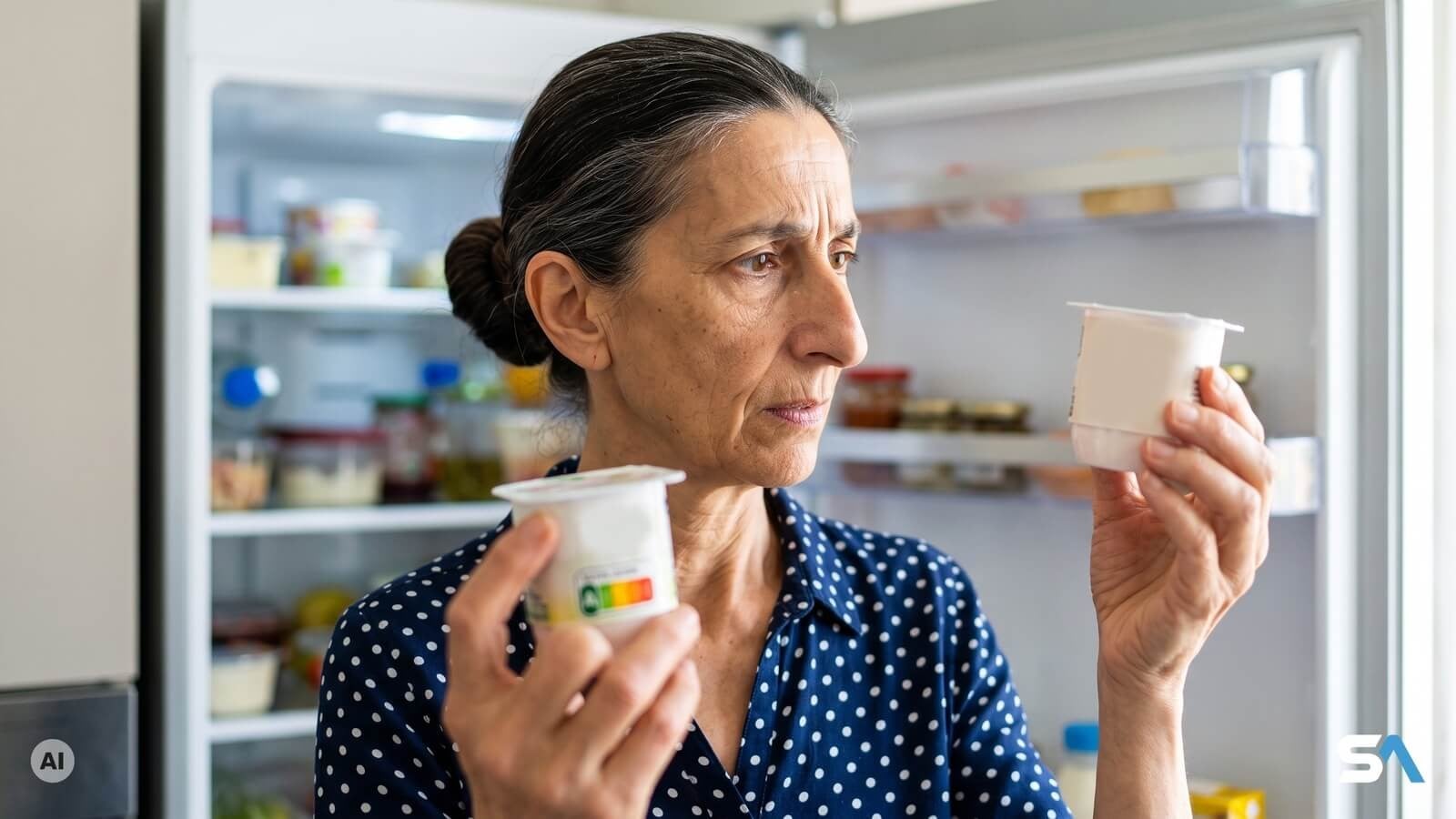 Une retraitée compare deux pots de yaourt devant son réfrigérateur - Illustration générée par IA