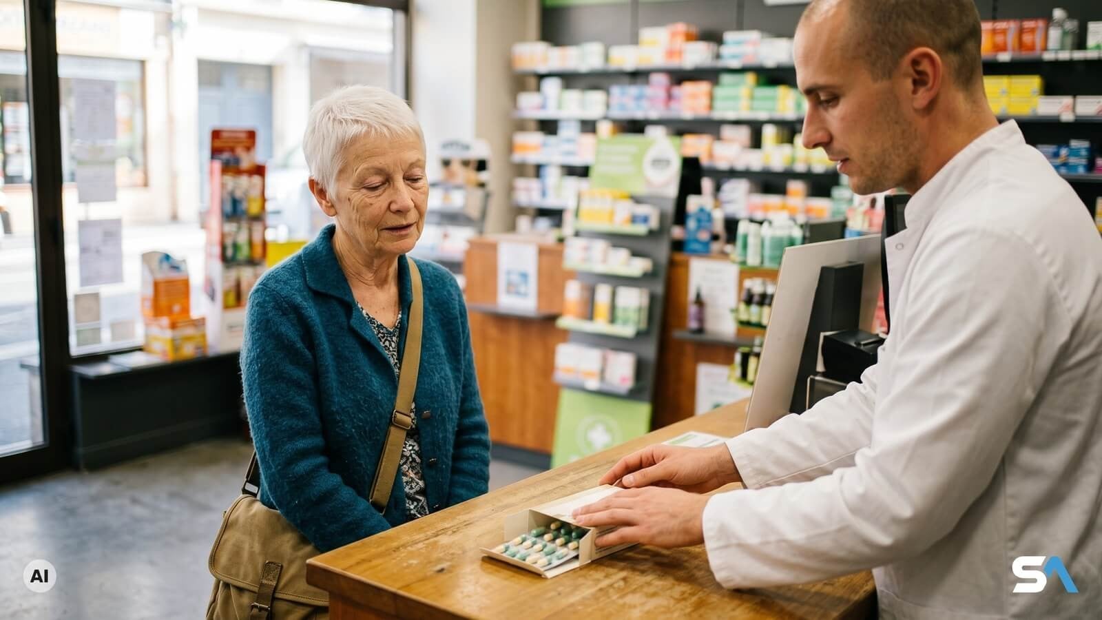 Une retraitée reçoit sa boîte de gélules au comptoir d'une pharmacie - Illustration générée par IA