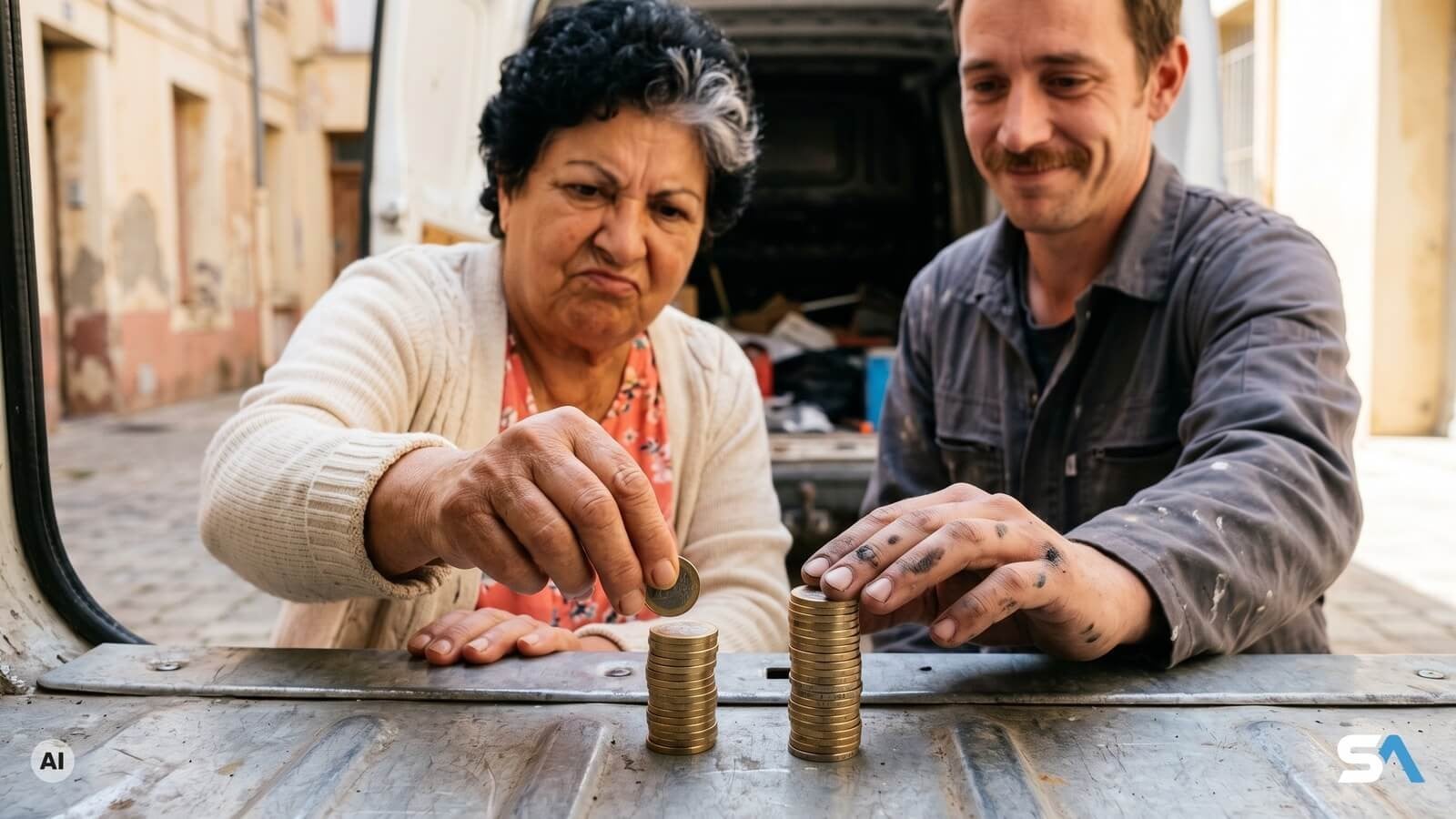 Une retraitée et son fils comparent deux piles de pièces - Illustration générée par IA