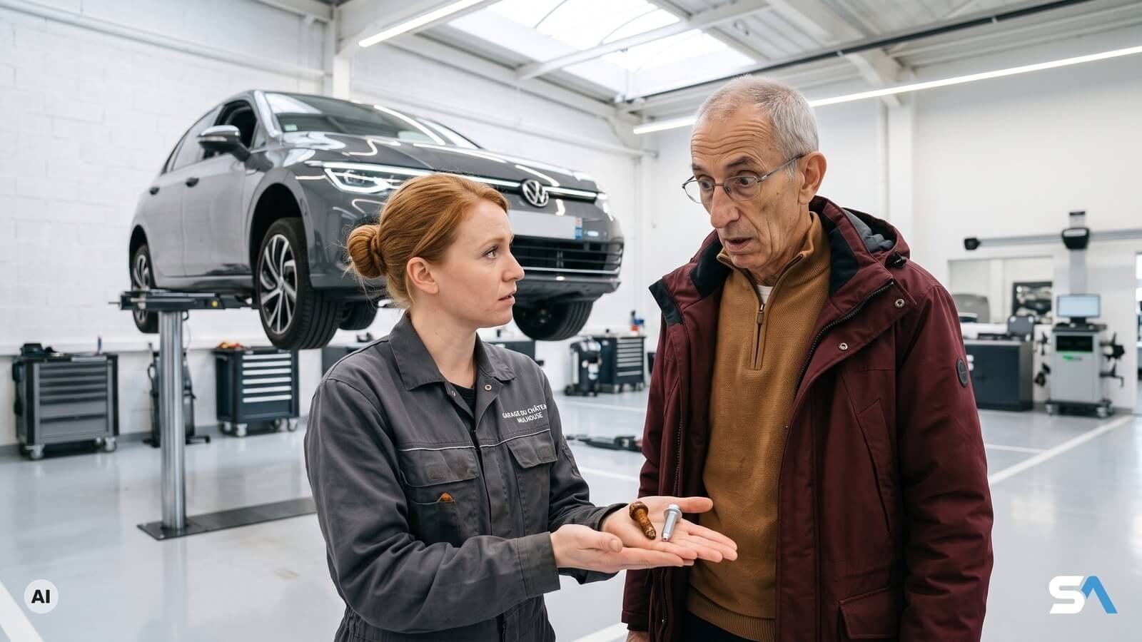 Une mécanicienne montre une vis rouillée à un retraité devant sa Volkswagen Golf - Illustration générée par IA