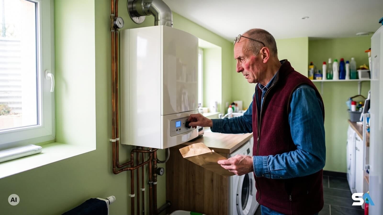 Un retraité règle sa chaudière au gaz, facture en main - Illustration générée par IA