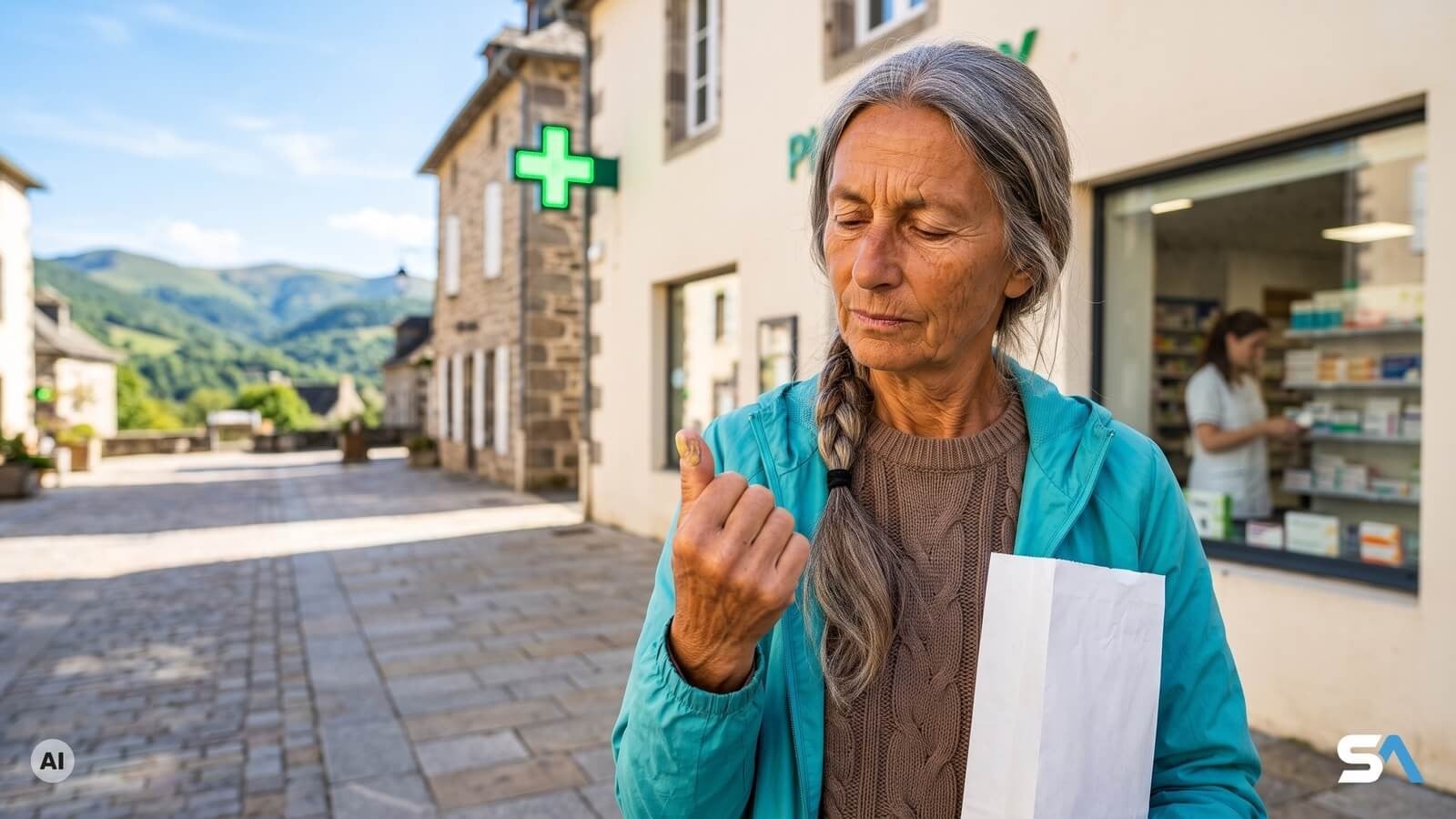 Une retraitée examine l'ongle de son pouce devant une pharmacie de village - Illustration générée par IA