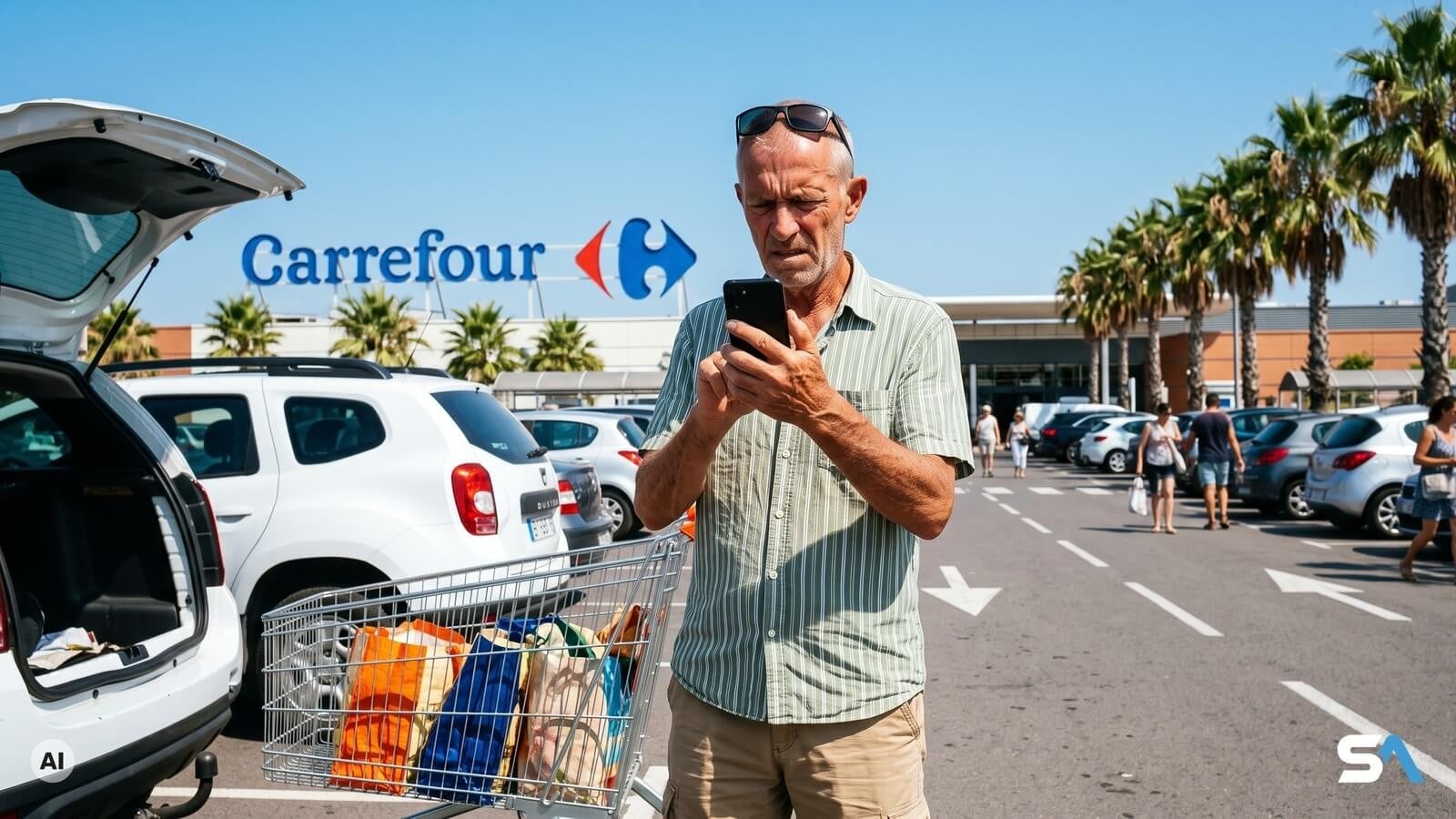 Un retraité méfiant regarde son téléphone devant un hypermarché Carrefour - Illustration générée par IA